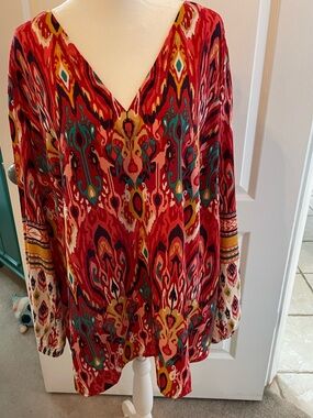 Belle by Kim Gravel Multicolor Abstract Print Top - Red, Pink, Teal, Yellow